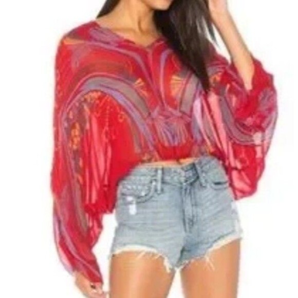 Free People Size M Beneath The Sea Top Red Floral - Picture 1 of 7